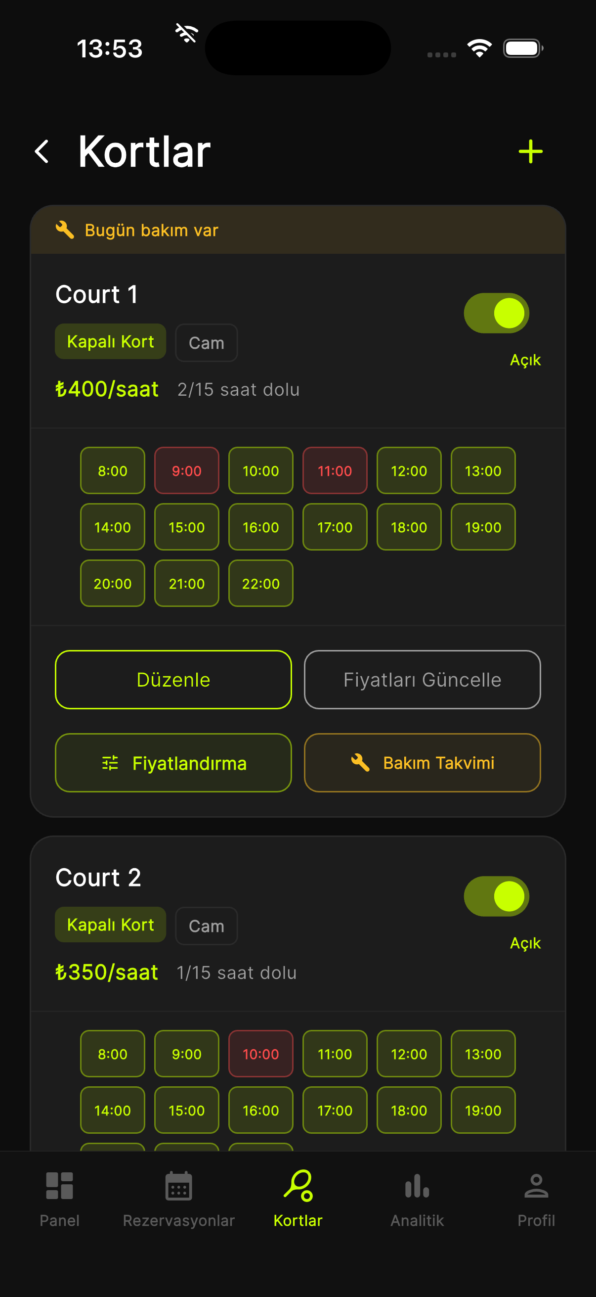 Raqet House Kort Yönetimi — Saatlik Slot Takvimi